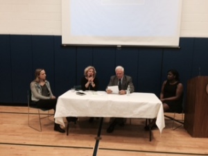 John Merrow, Martha Spanninger, and Hewitt Times editors-in-chief Susannah Meyer '15 and Chelsea Gardner '16 Credit: Christina Saraceno