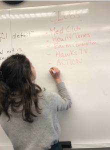 Taylor S. '18 writes all the clubs she participates in on a whiteboard. Source: Lucy S. '19